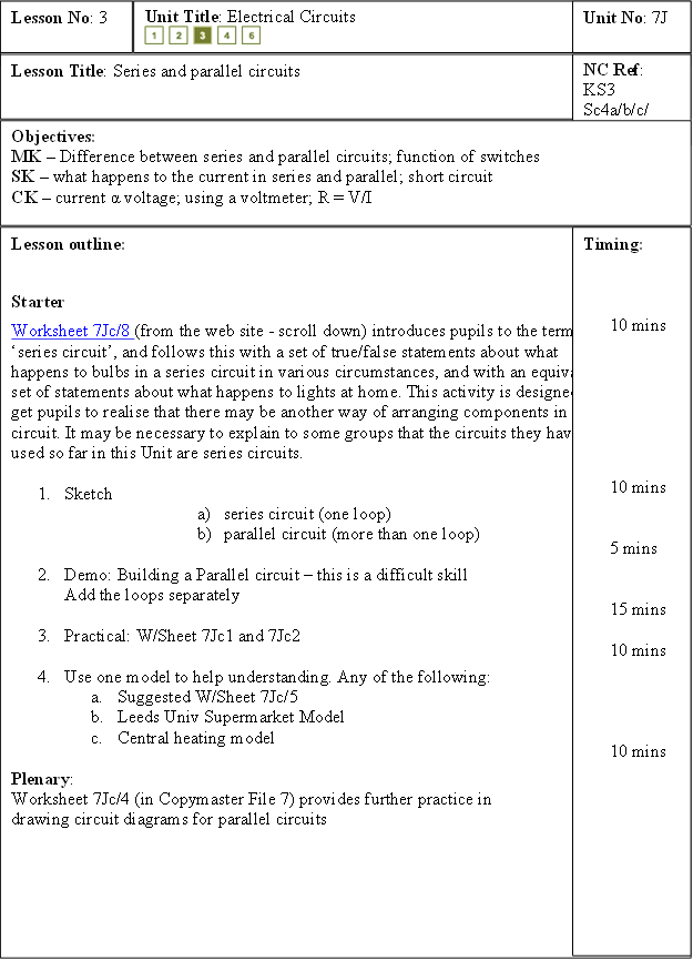 Lesson Title: Series and parallel circuits,Lesson No: 3,Unit Title: Electrical Circuits
           
,Unit No: 7J,NC Ref:
KS3 Sc4a/b/c/

,Objectives: 	
MK  Difference between series and parallel circuits; function of switches
SK  what happens to the current in series and parallel; short circuit
CK  current α voltage; using a voltmeter; R = V/I
